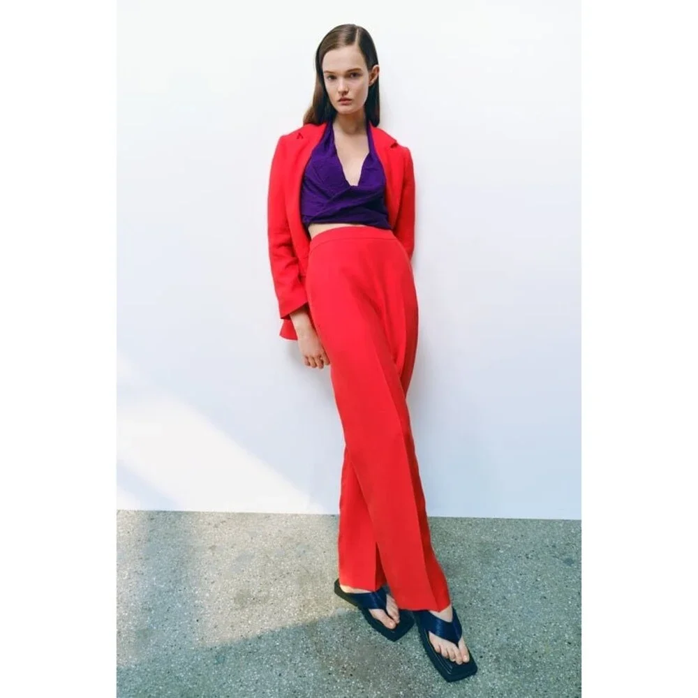 Red Zara Linen Blend Wide-Leg Pull-On Pants Trousers (NWT)